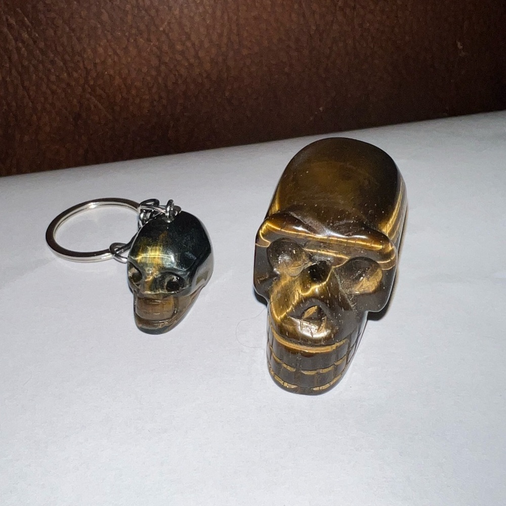 2 1/2 by 1 1/2 in. Tiger’s Eye Skull and Tiger’s Eye Keychain